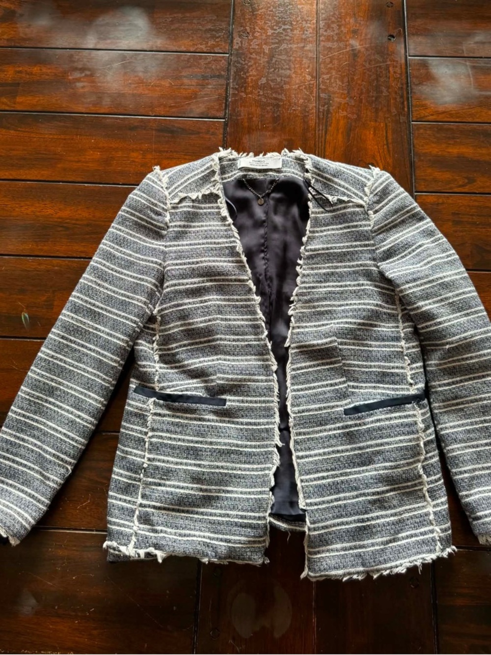 Mango Suit Collection Striped Frayed Tweed Jacket Blazer Parisian Nautical Luxe - Picture 2 of 4